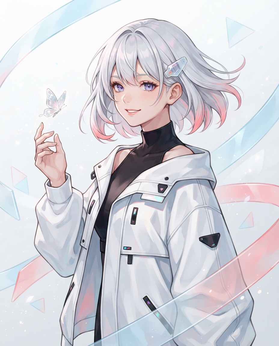 LUMA, a silver-haired illustrated character with violet eyes, holding a luminous butterfly.